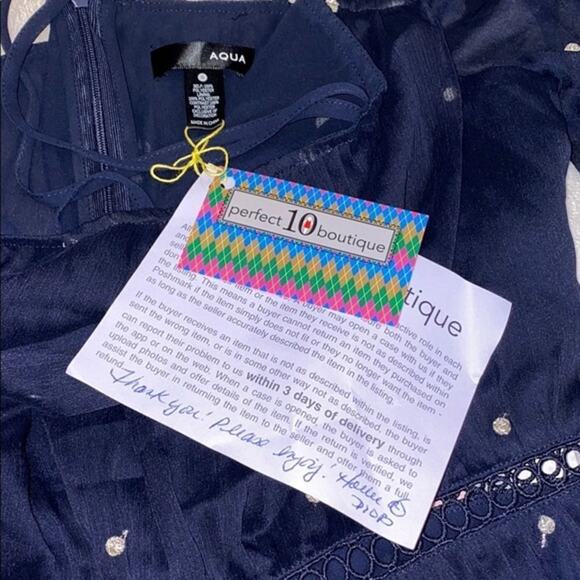 Aqua Navy Blue Embroidered Cold Shoulder Mini Dress | Sz S - Picture 5 of 14